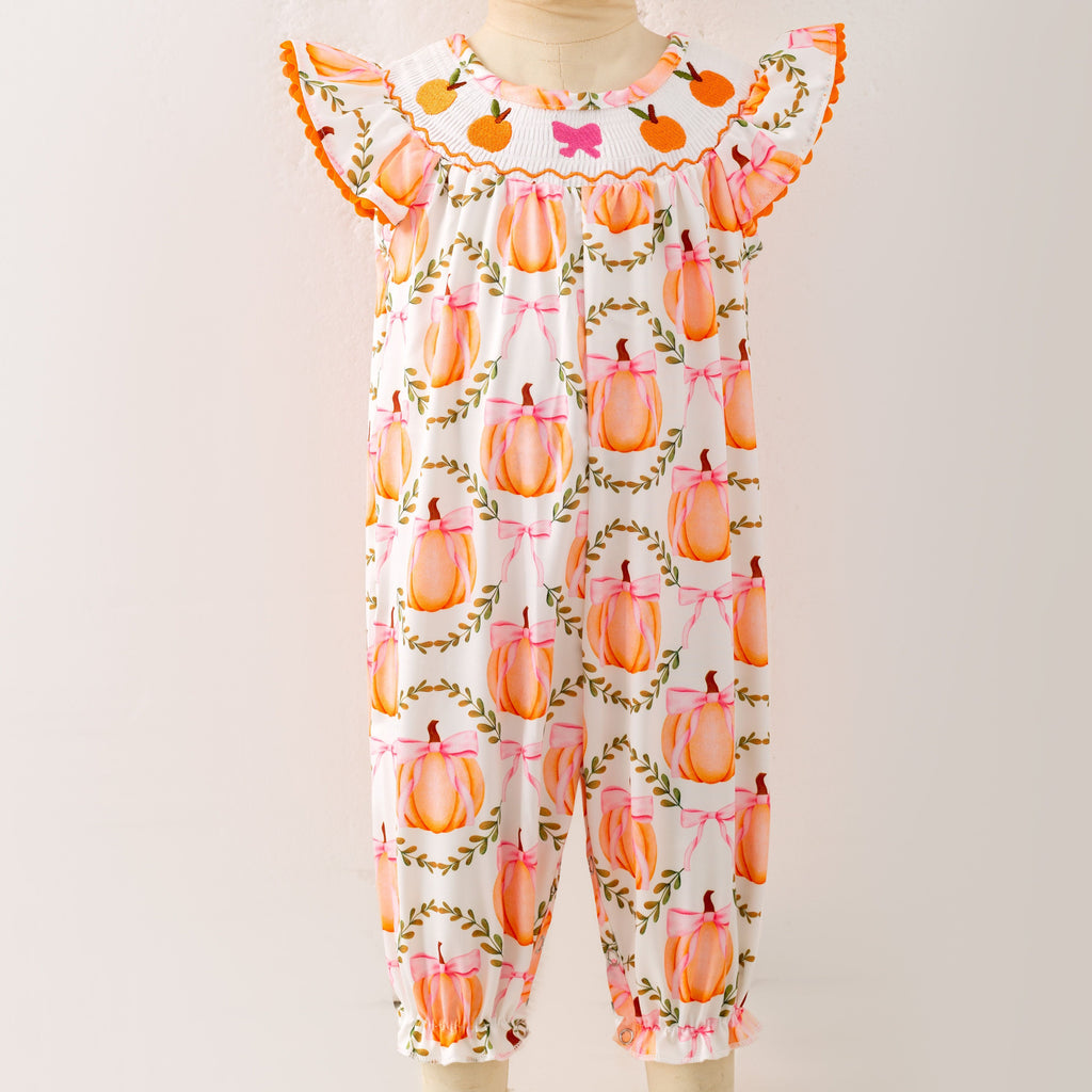 Pumpkin Lattice Smocked Baby Romper CC