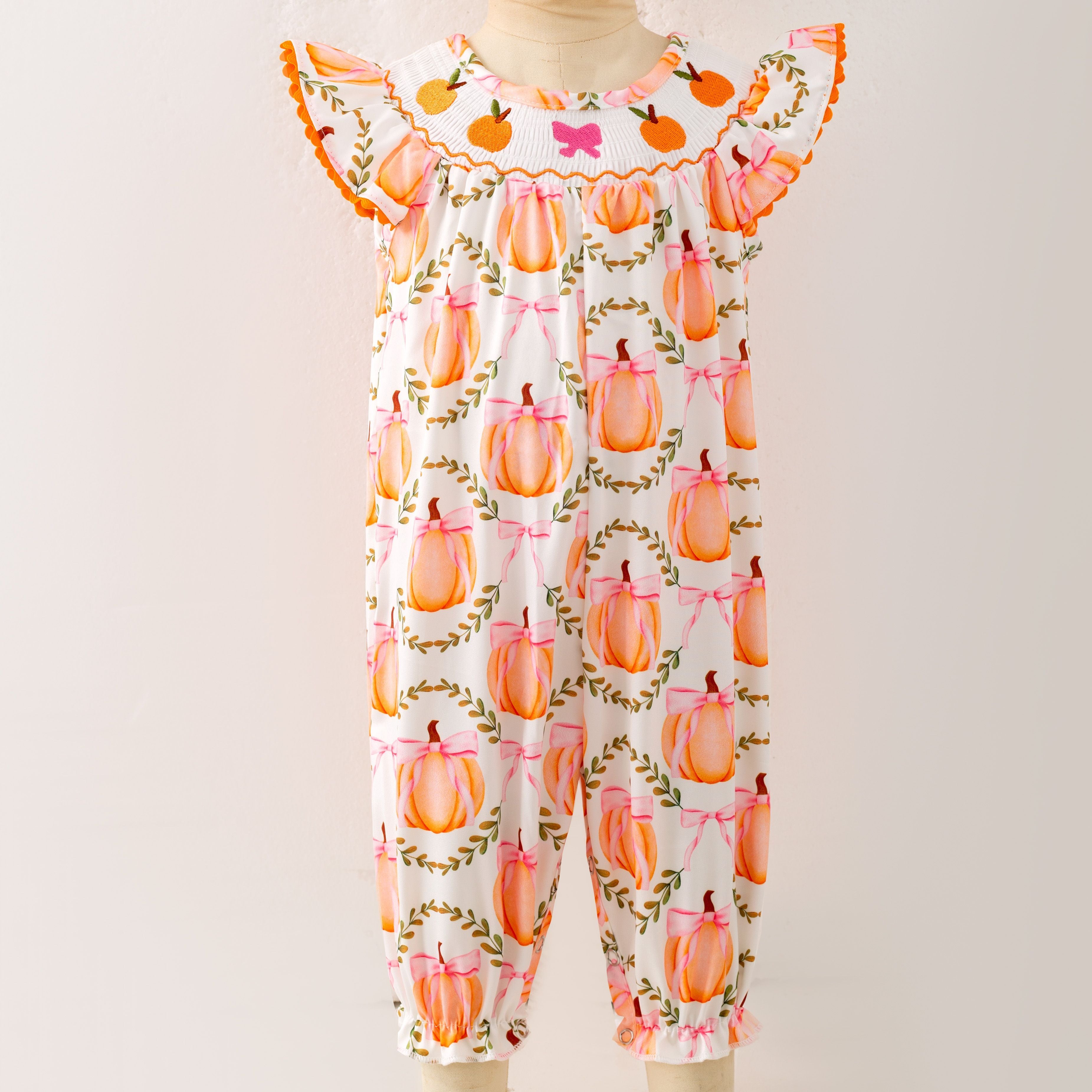 Pumpkin Lattice Smocked Baby Romper CC