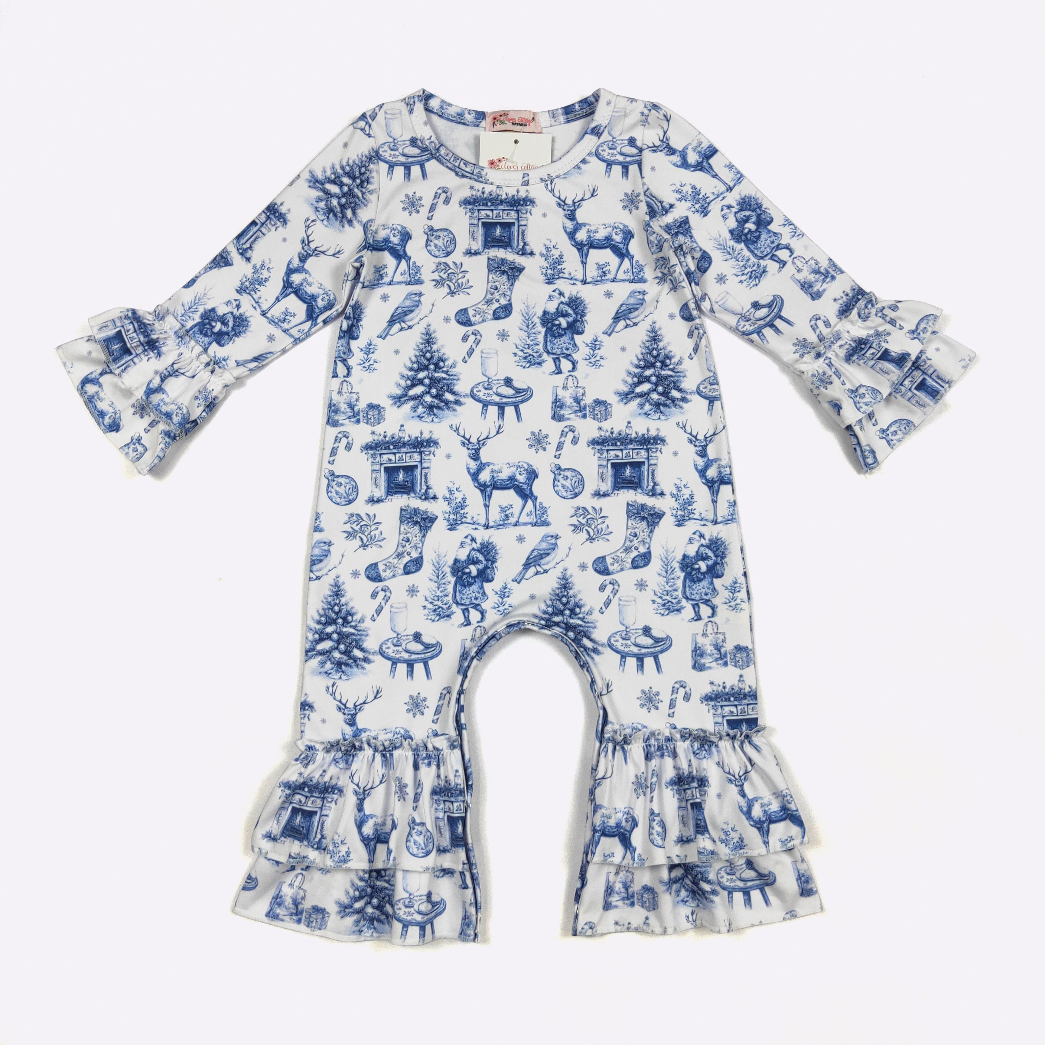 Blue Christmas Toile Baby Romper CC