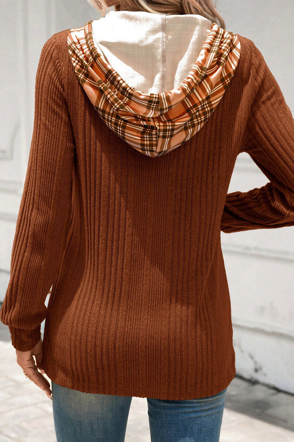 Ribbed Plaid Hooded Top October.