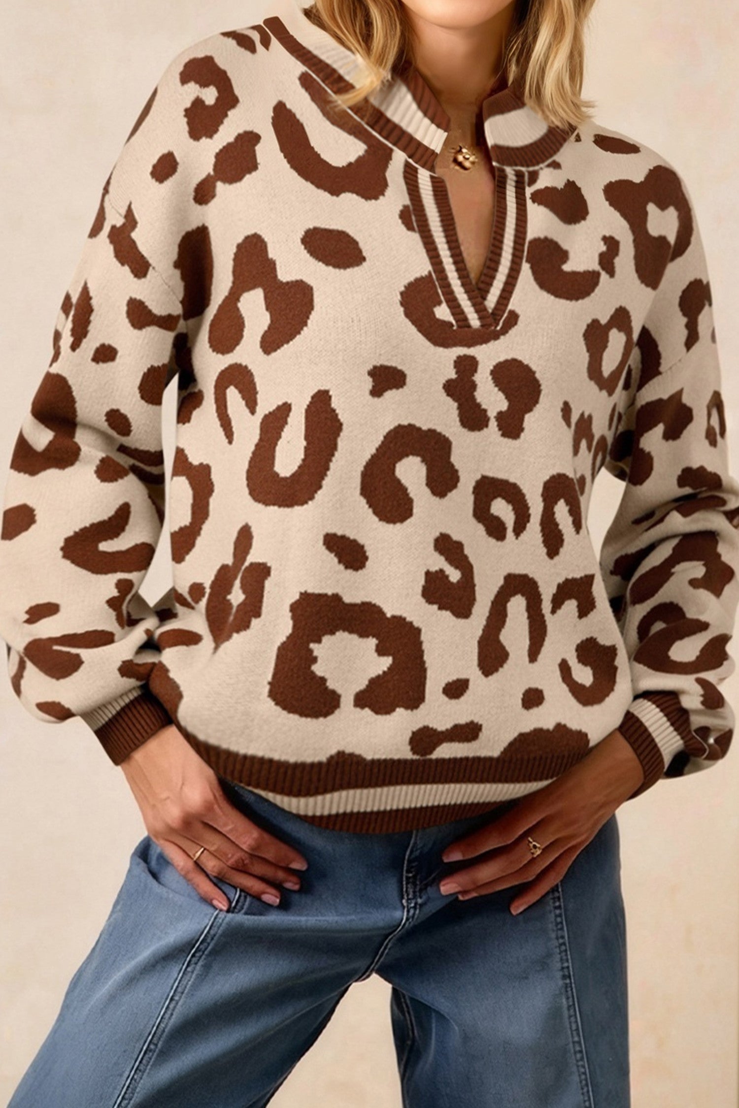 Beige Leopard V Neck Sweater FB