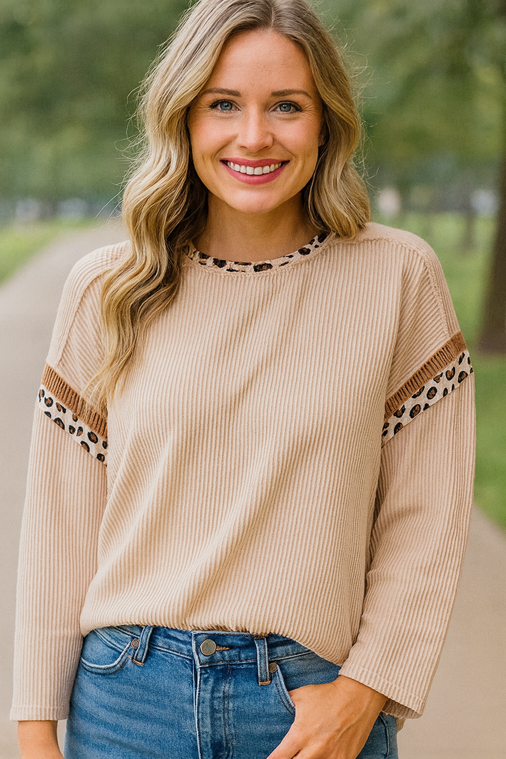 Beige Ribbed Leopard Top FB