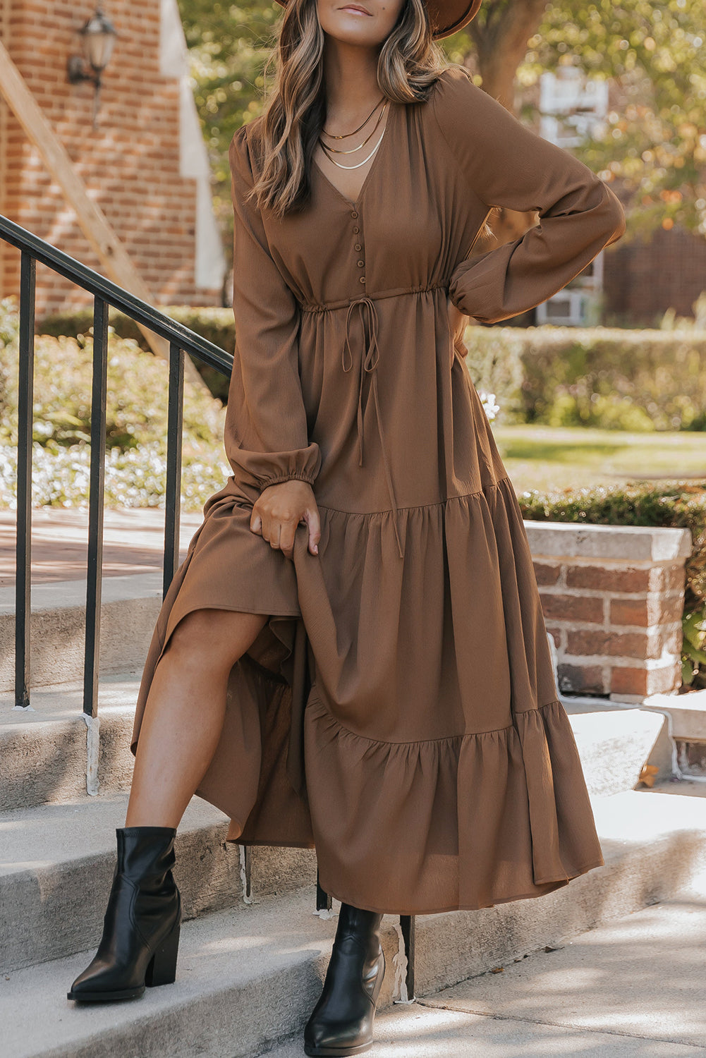 Chestnut Button Tiered Maxi Dress RTS