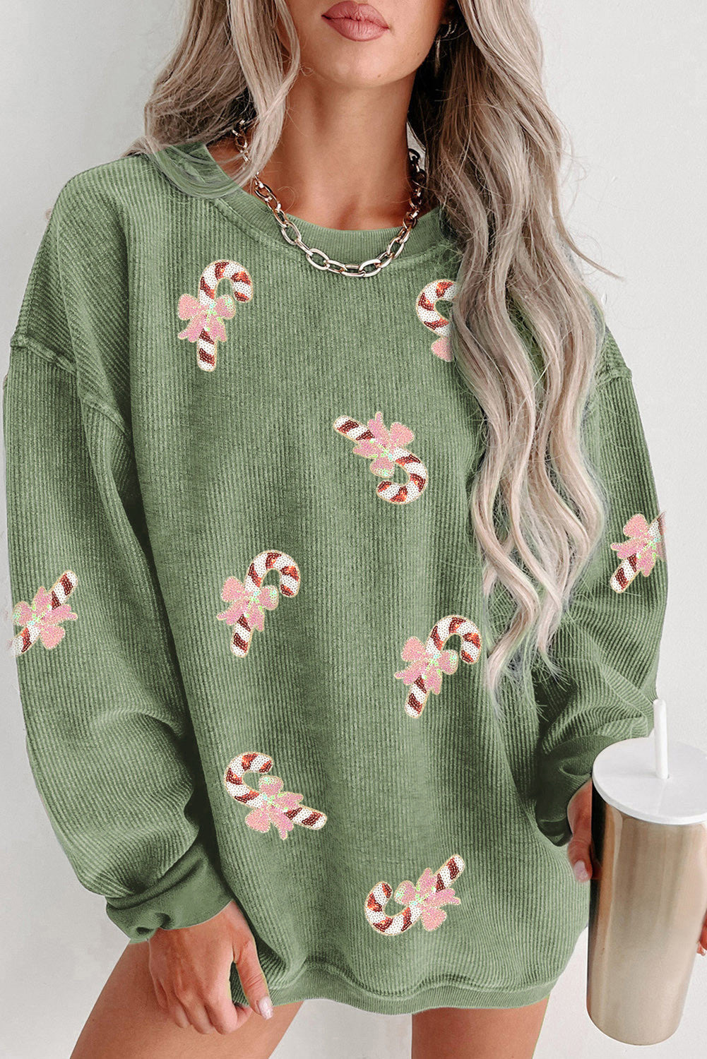 Green Candy Cane Sequin Ribbed Sweatshirt FB