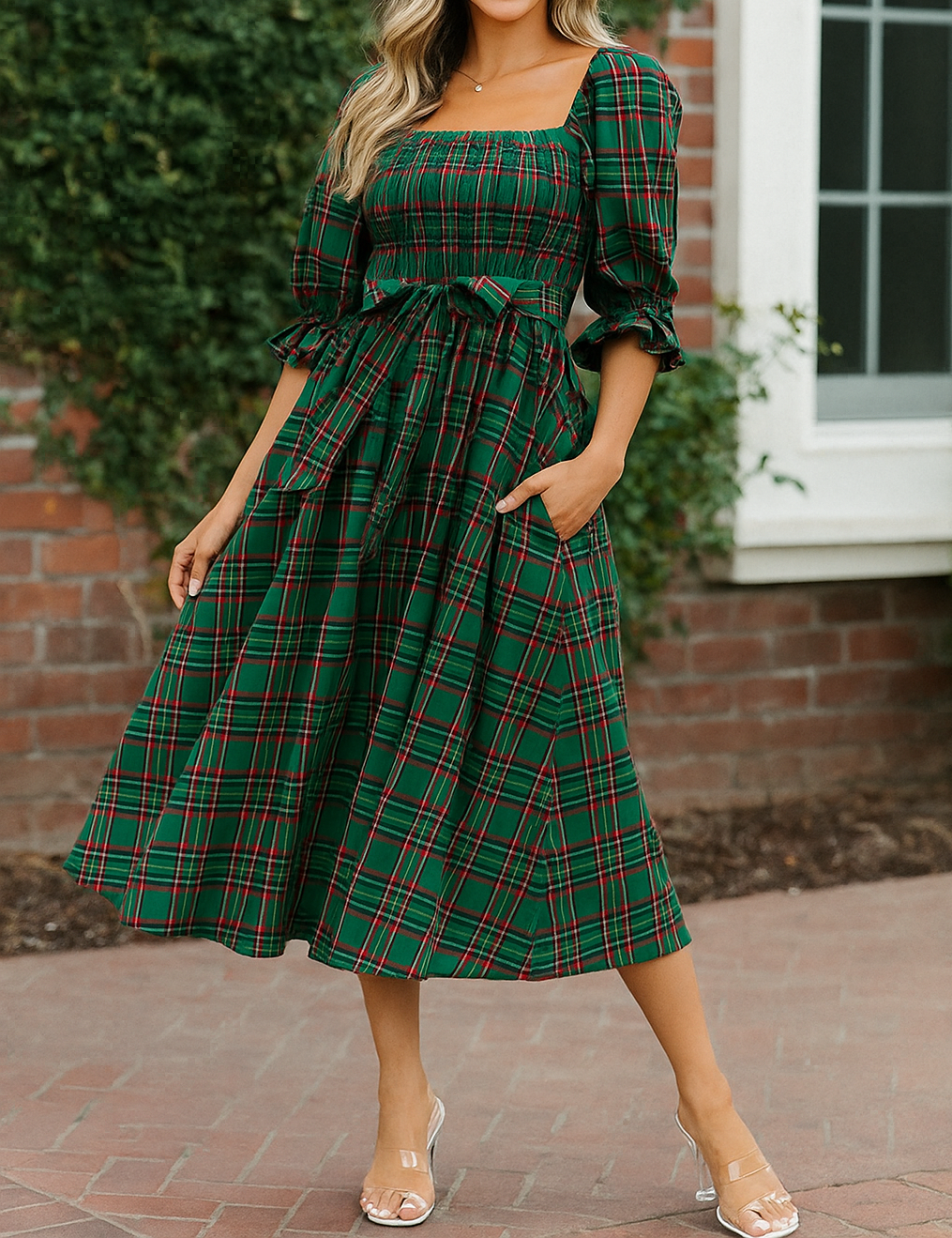 Plaid Knot Midi Dress FB
