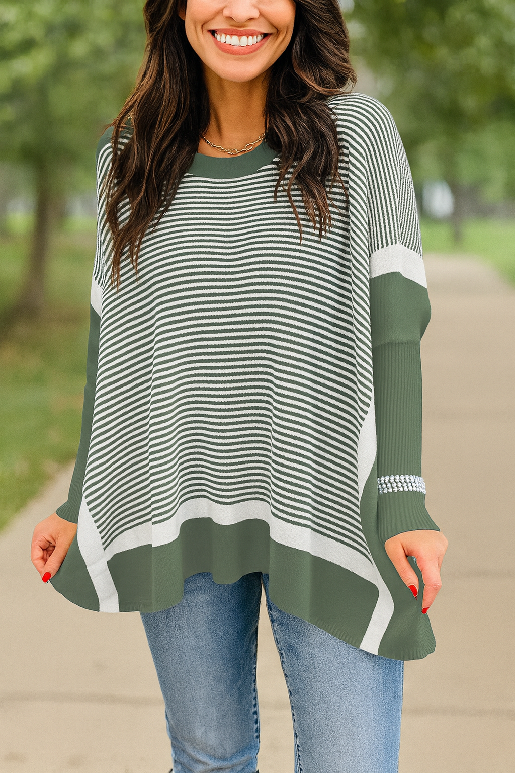 Green Stripe Oversized Tunic Sweater FB