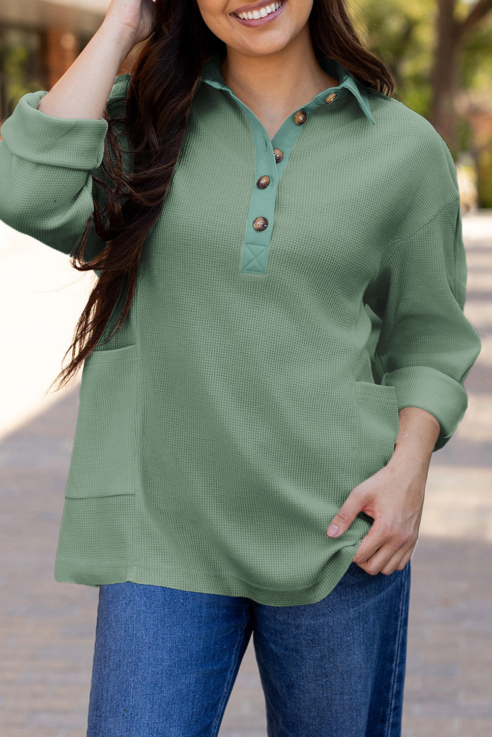 Green Waffle Button Top FB