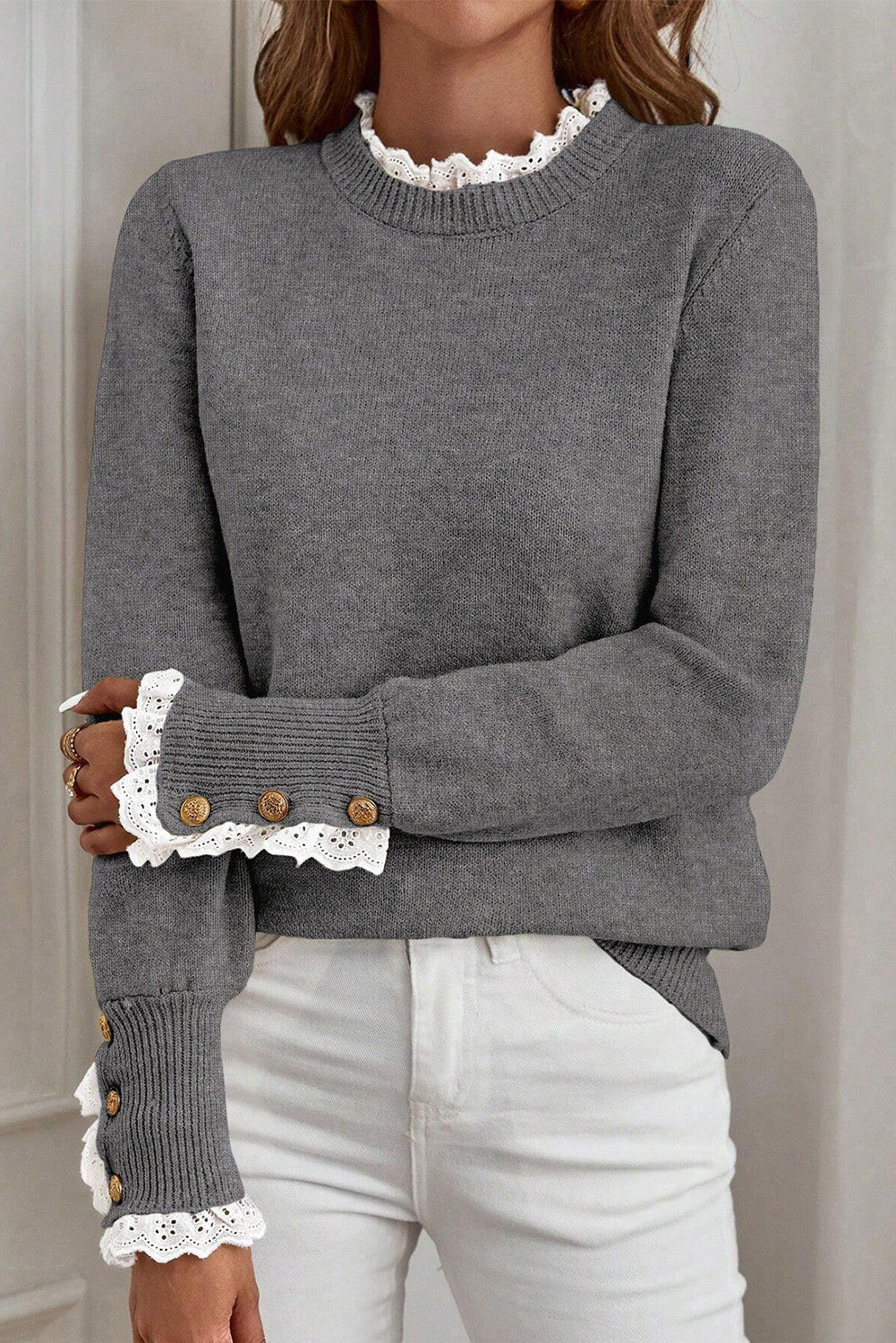 Grey Lace Trim Sweater FB