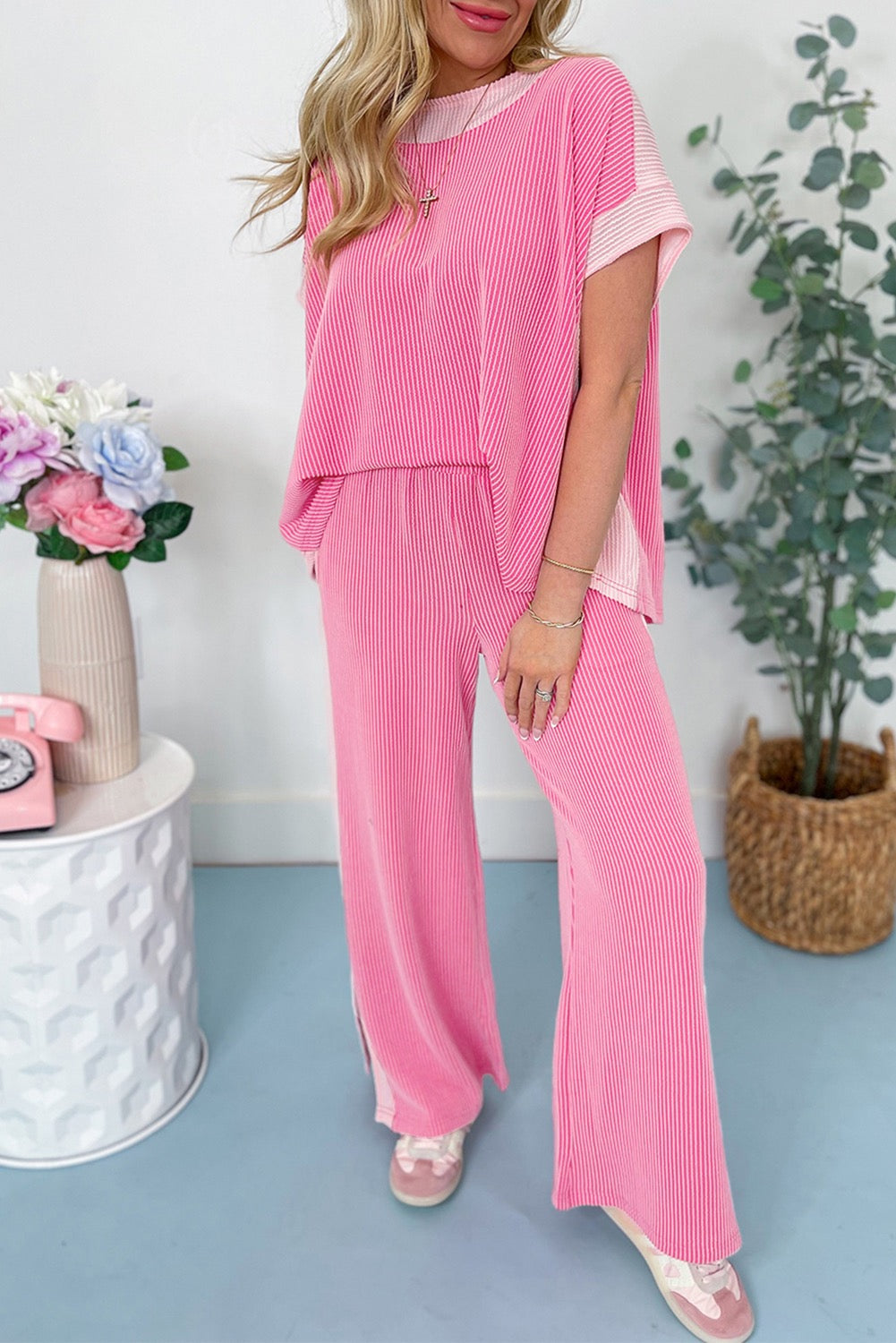 Pink Corded Patchwork Pants Set FB