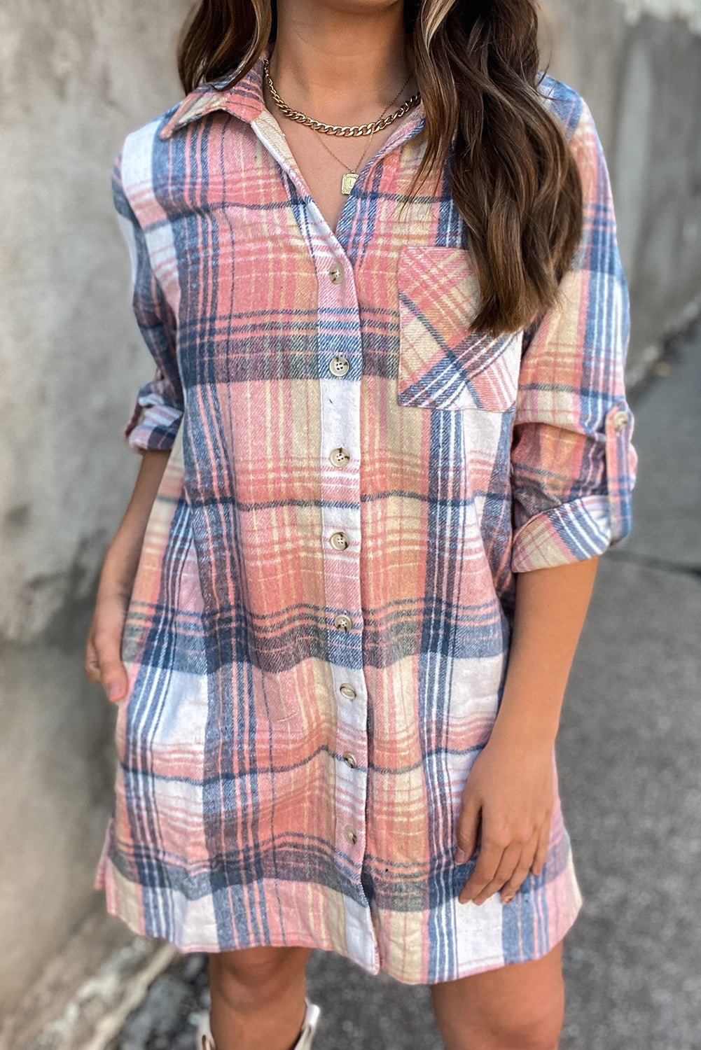 Pink Plaid Side Slit Dress FB