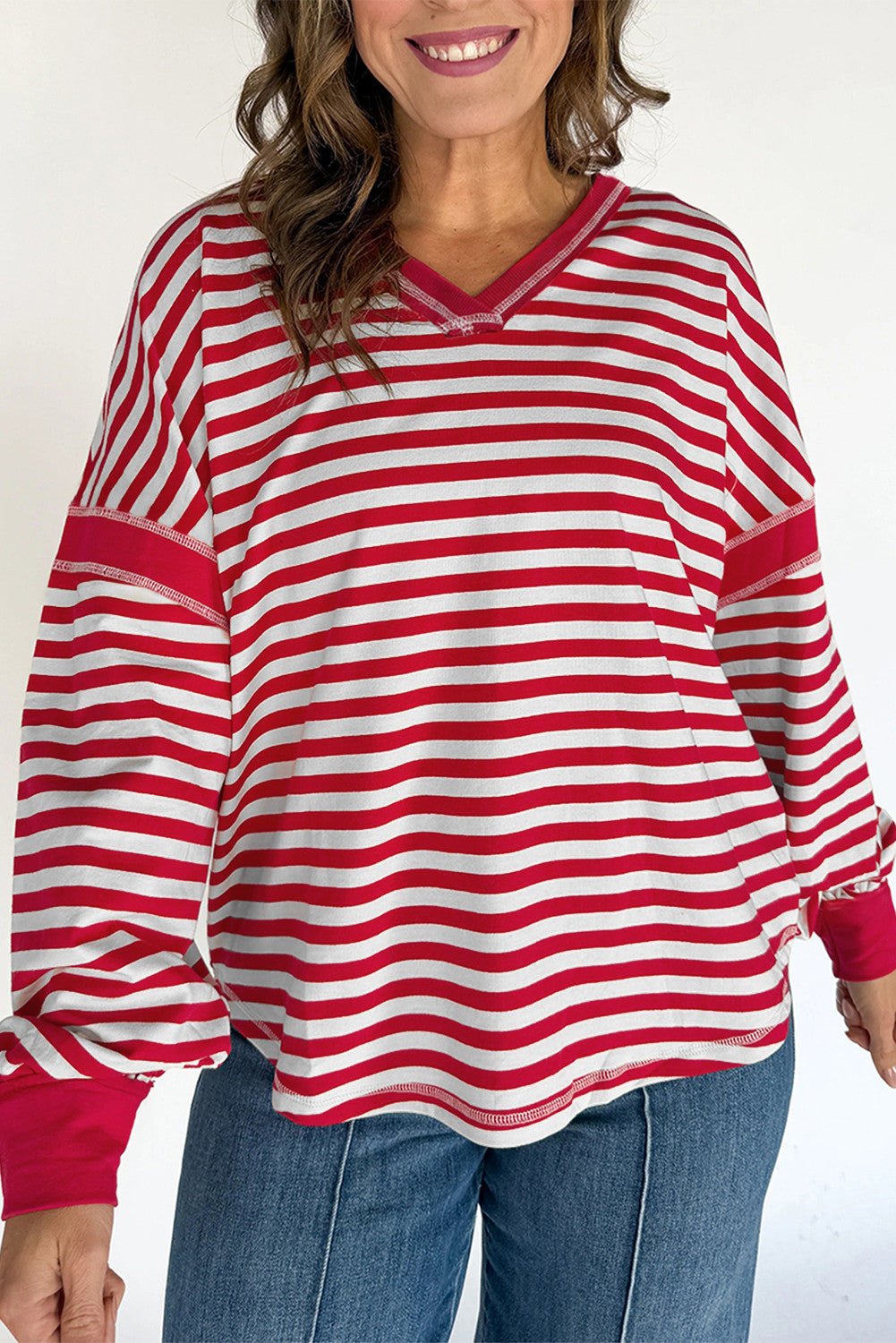 Red Stripe Exposed Seam V Neck FB