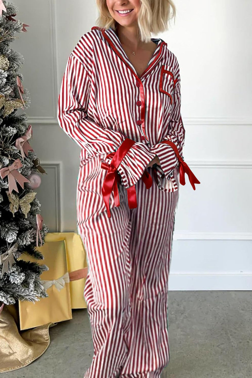 Red Stripe Velvet Trim PJs FB