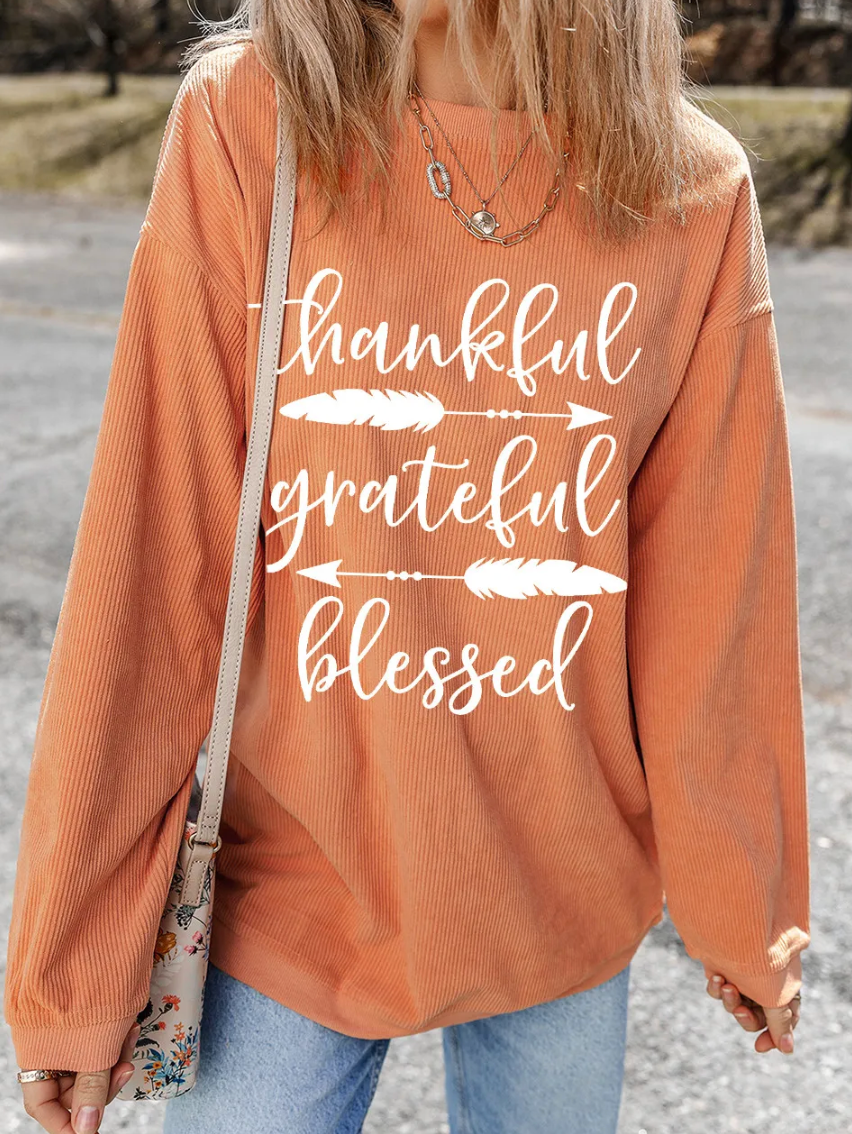 ORANGE GRATEFUL THANKFUL BLESSED RIBBED SWEATSHIRT RTS