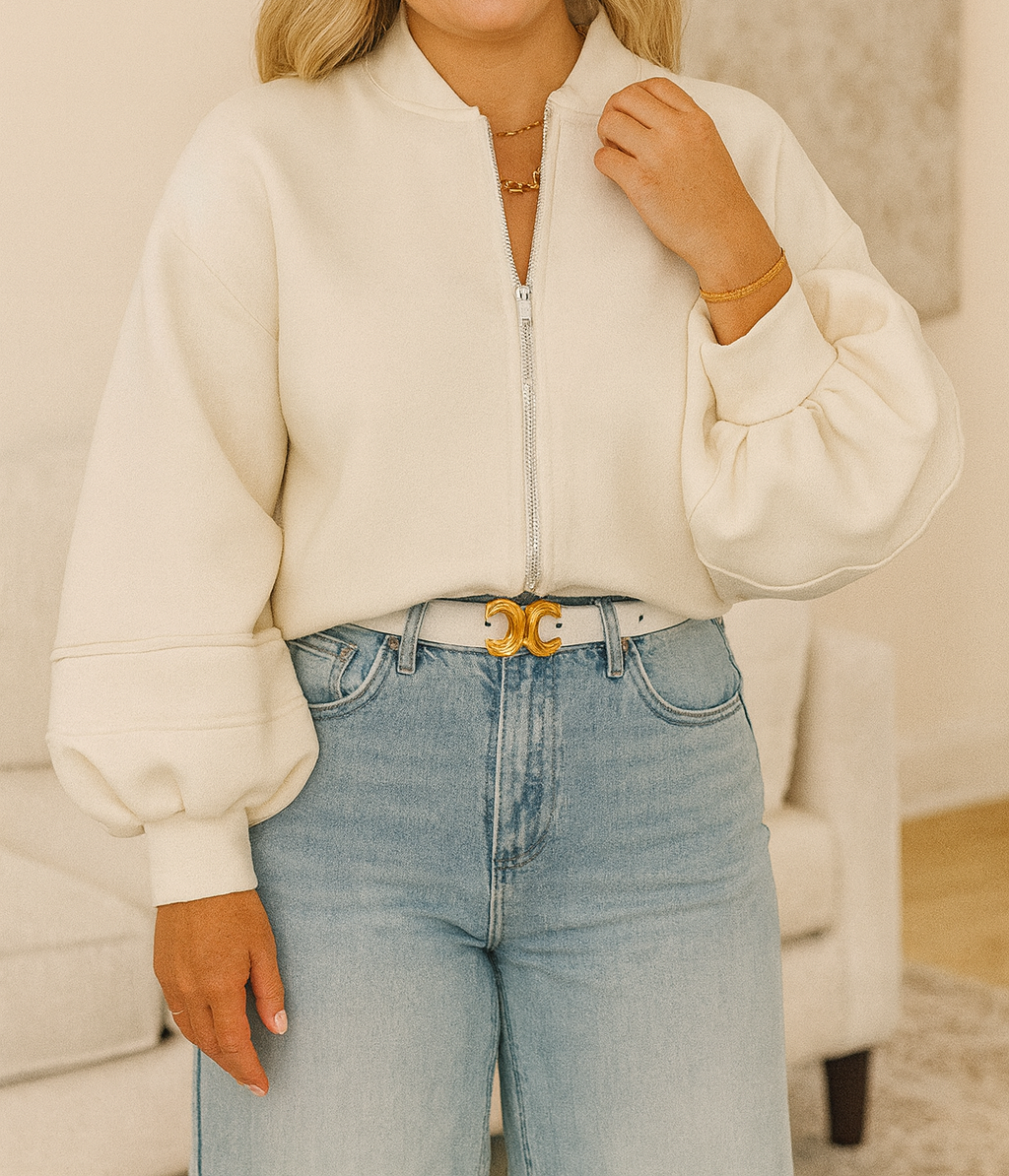 White Zip Up Knit Puff Jacket October.