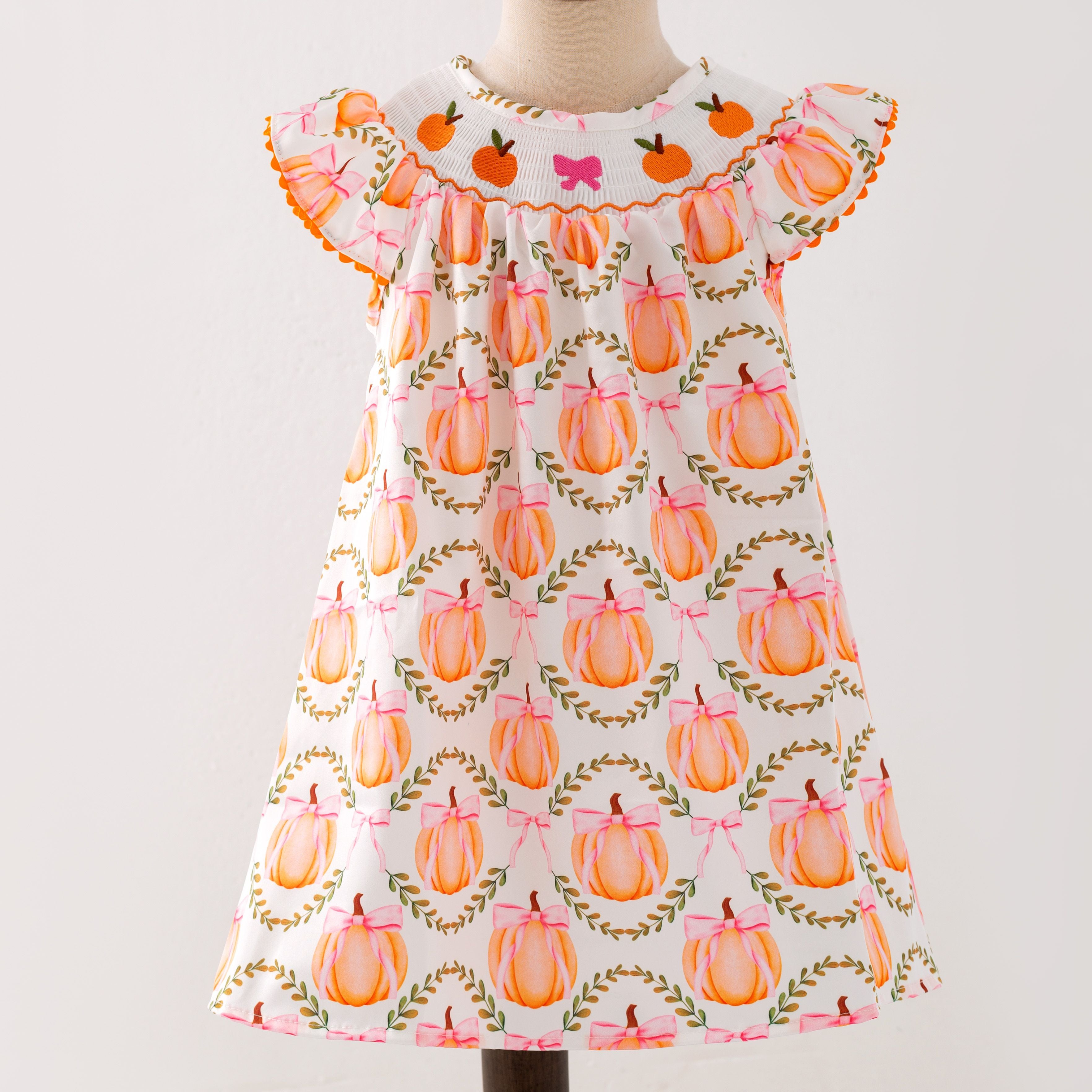 Pumpkin Lattice Smocked Girls Dress CC